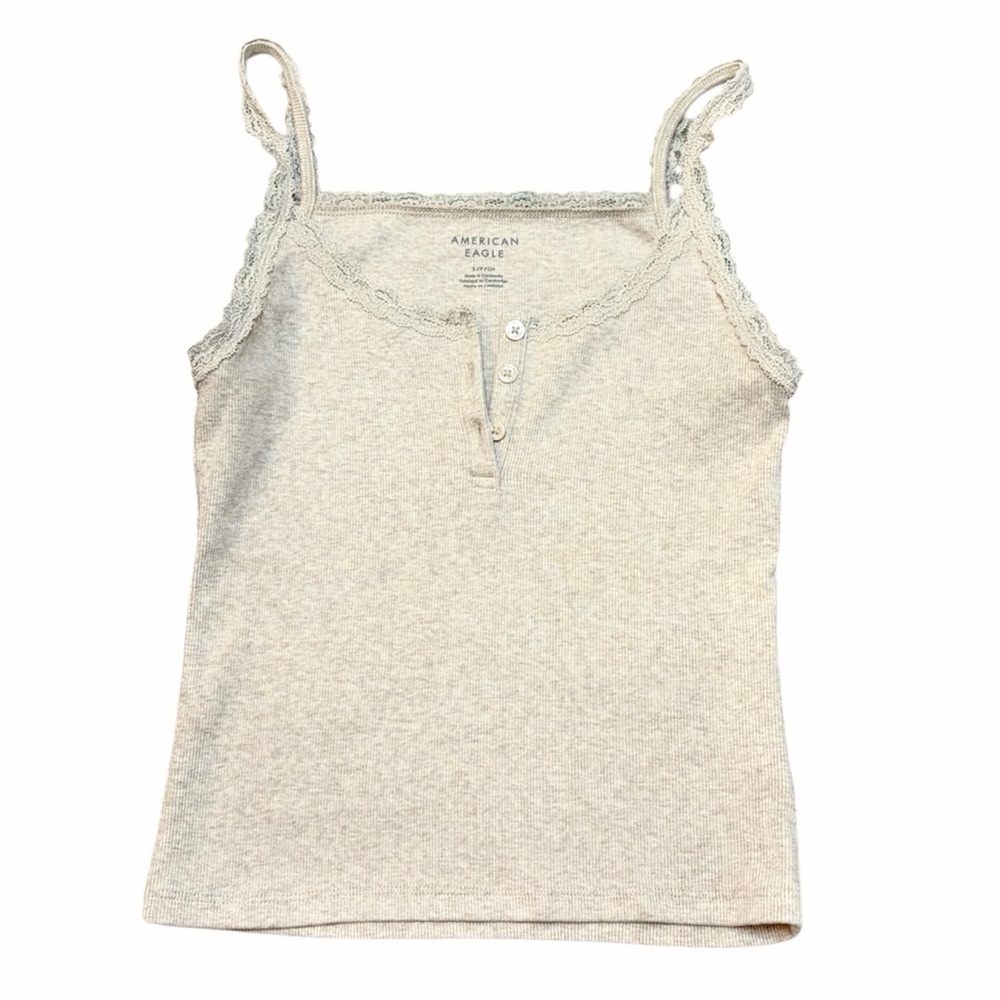 American Eagle Lace-Trim Ribbed Tank Cami in Light Beige - Size S - Picture 3 of 6